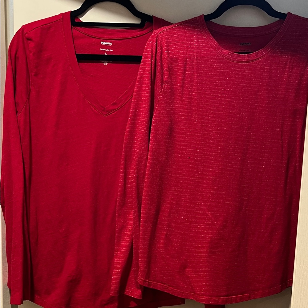 2 Sonoma Vibrant Red Everyday Long Sleeve Tees - 1 V-Neck & 1 Sparkly Scoop Neck